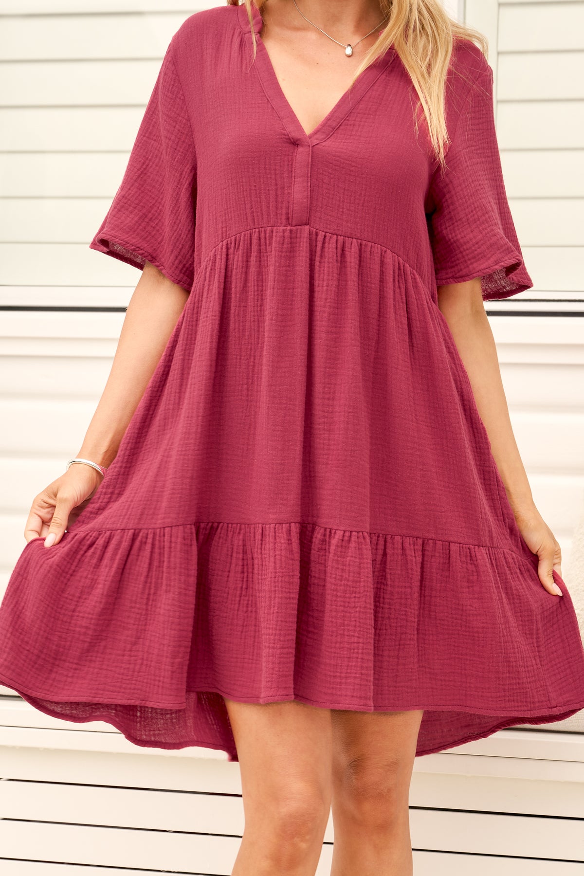 Laysa Mini Dress - Mandarin Collar Short Sleeve Tiered Dress in Berry