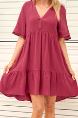 Laysa Mini Dress - Mandarin Collar Short Sleeve Tiered Dress in Berry