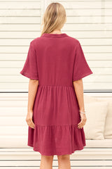 Laysa Mini Dress - Mandarin Collar Short Sleeve Tiered Dress in Berry