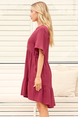Laysa Mini Dress - Mandarin Collar Short Sleeve Tiered Dress in Berry