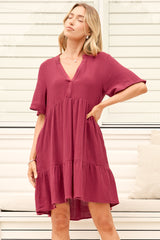 Laysa Mini Dress - Mandarin Collar Short Sleeve Tiered Dress in Berry