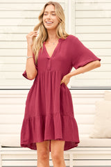 Laysa Mini Dress - Mandarin Collar Short Sleeve Tiered Dress in Berry
