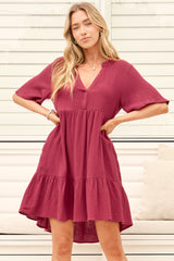 Laysa Mini Dress - Mandarin Collar Short Sleeve Tiered Dress in Berry