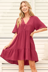 Laysa Mini Dress - Mandarin Collar Short Sleeve Tiered Dress in Berry