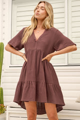 Laysa Mini Dress - Mandarin Collar Short Sleeve Tiered Dress in Chocolate