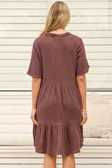 Laysa Mini Dress - Mandarin Collar Short Sleeve Tiered Dress in Chocolate
