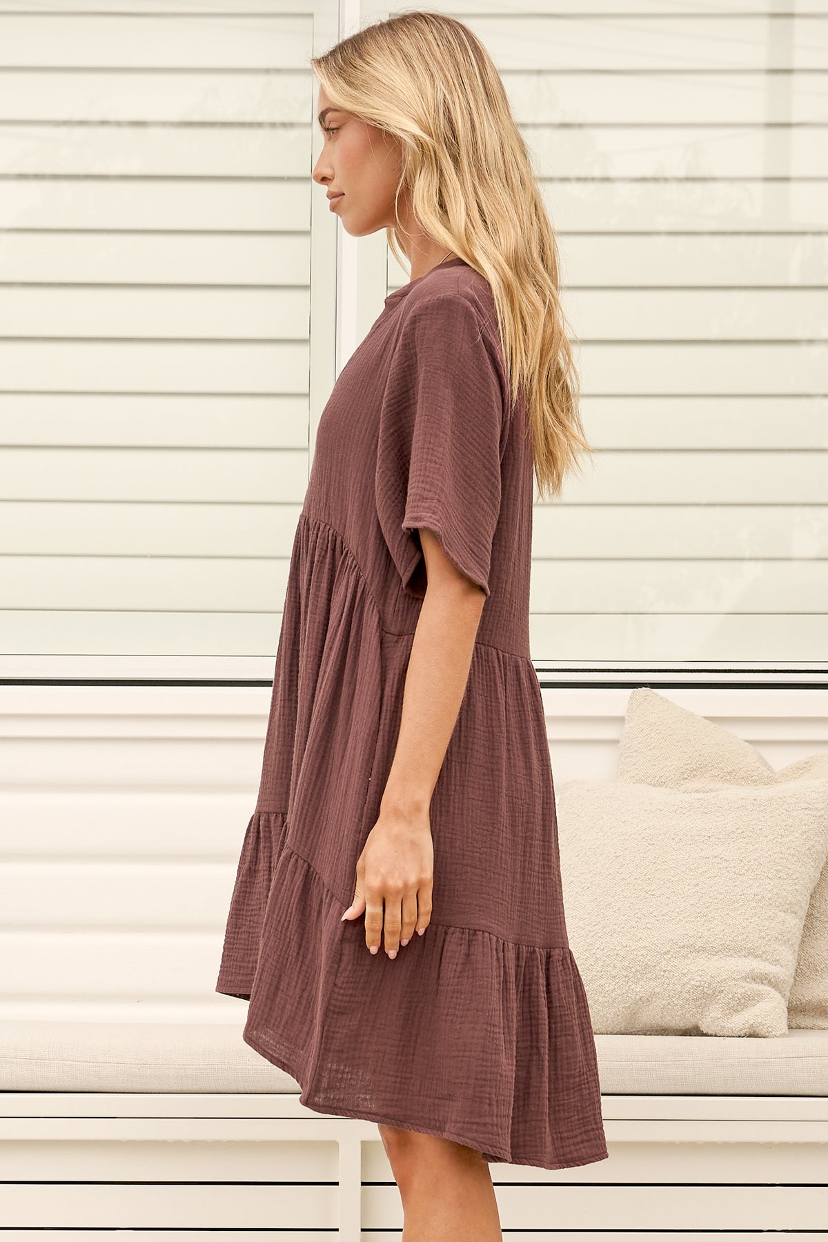 Laysa Mini Dress - Mandarin Collar Short Sleeve Tiered Dress in Chocolate