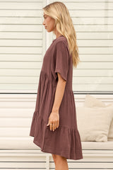 Laysa Mini Dress - Mandarin Collar Short Sleeve Tiered Dress in Chocolate