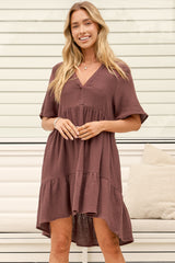 Laysa Mini Dress - Mandarin Collar Short Sleeve Tiered Dress in Chocolate