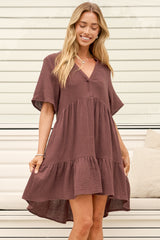 Laysa Mini Dress - Mandarin Collar Short Sleeve Tiered Dress in Chocolate