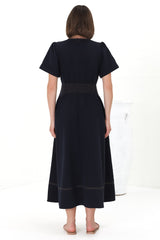 Lazelle Midi Dress - V-Neck Short Sleeve A-Line Dress with Elasticated Waist in Navy