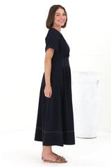 Lazelle Midi Dress - V-Neck Short Sleeve A-Line Dress with Elasticated Waist in Navy