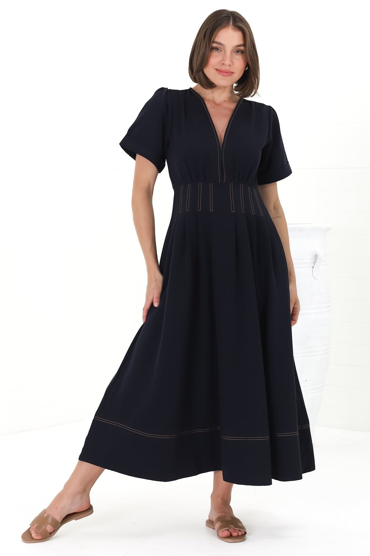 Lazelle Midi Dress - V-Neck Short Sleeve A-Line Dress with Elasticated Waist in Navy