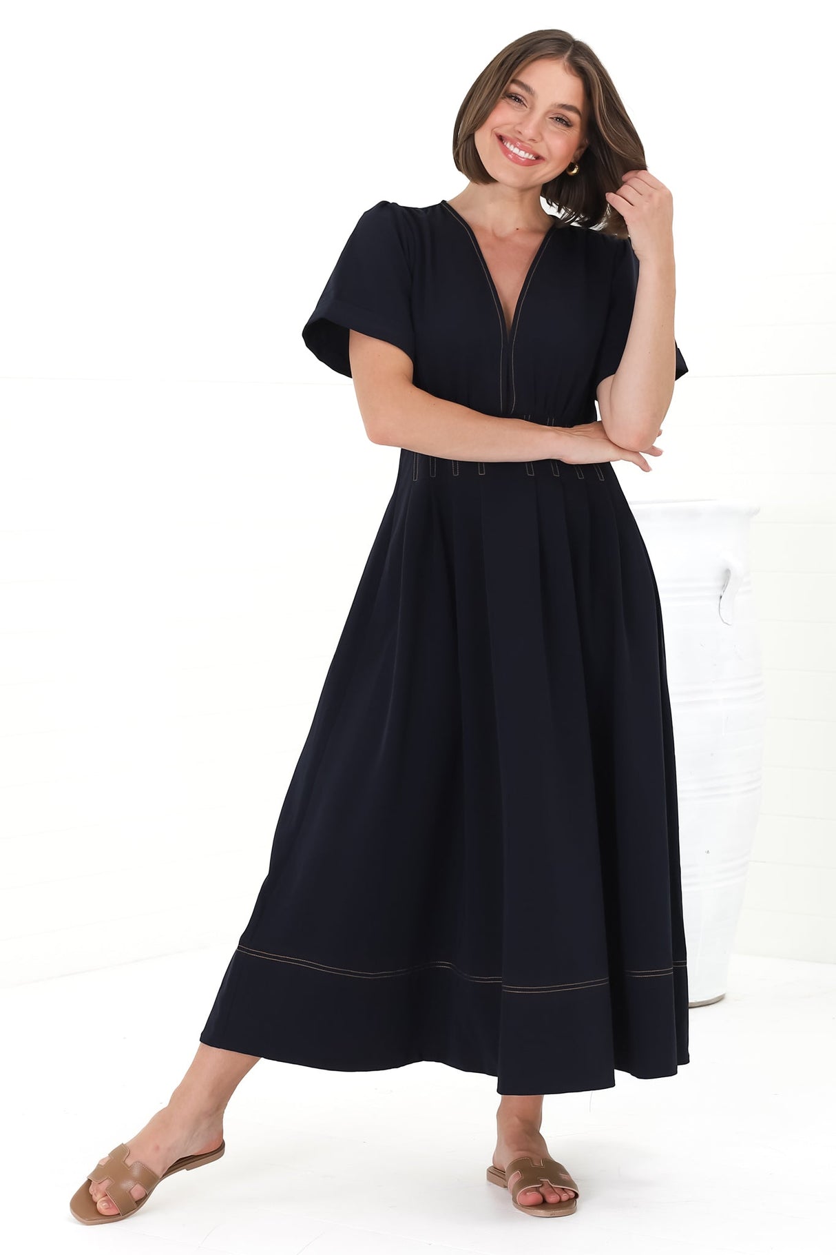 Lazelle Midi Dress - V-Neck Short Sleeve A-Line Dress with Elasticated Waist in Navy