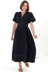 Lazelle Midi Dress - V-Neck Short Sleeve A-Line Dress with Elasticated Waist in Navy