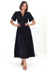 Lazelle Midi Dress - V-Neck Short Sleeve A-Line Dress with Elasticated Waist in Navy