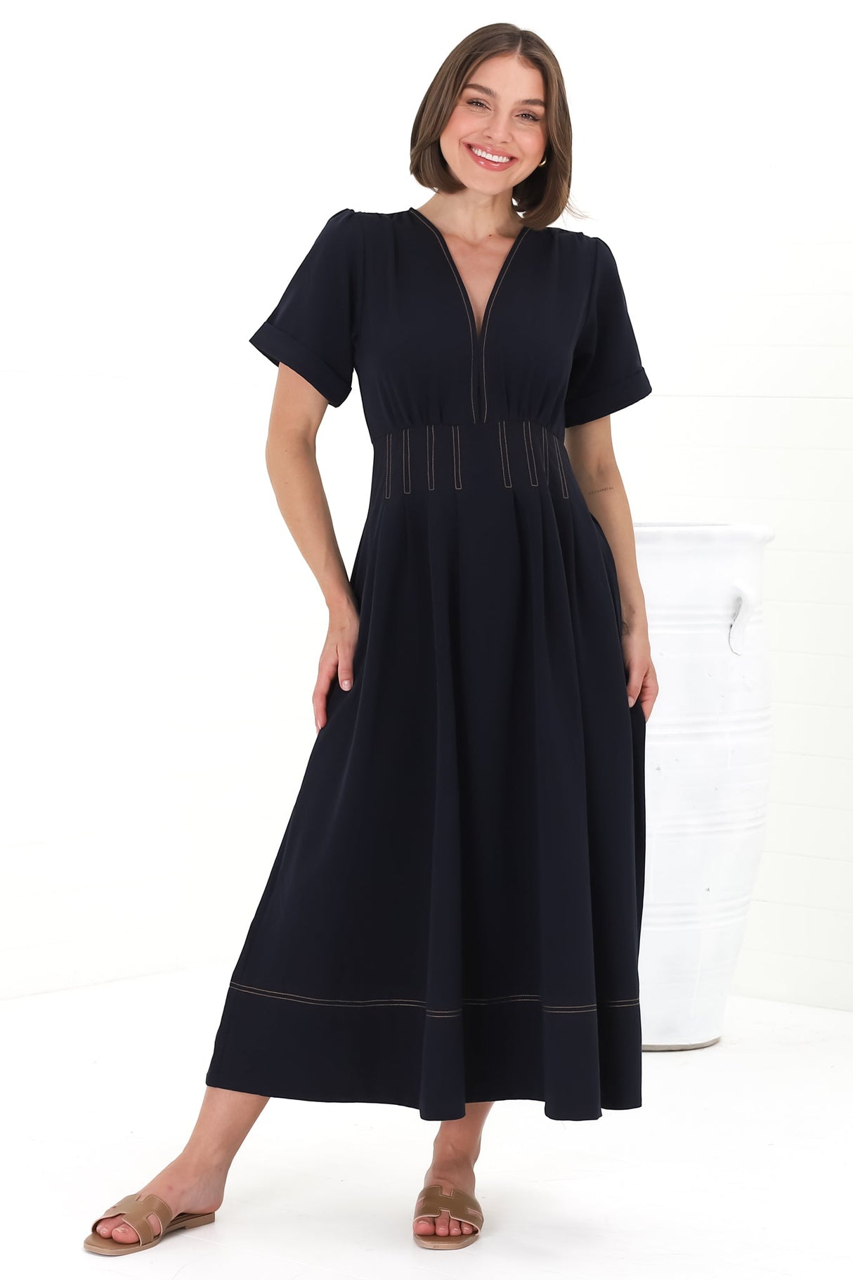 Lazelle Midi Dress - V-Neck Short Sleeve A-Line Dress with Elasticated Waist in Navy