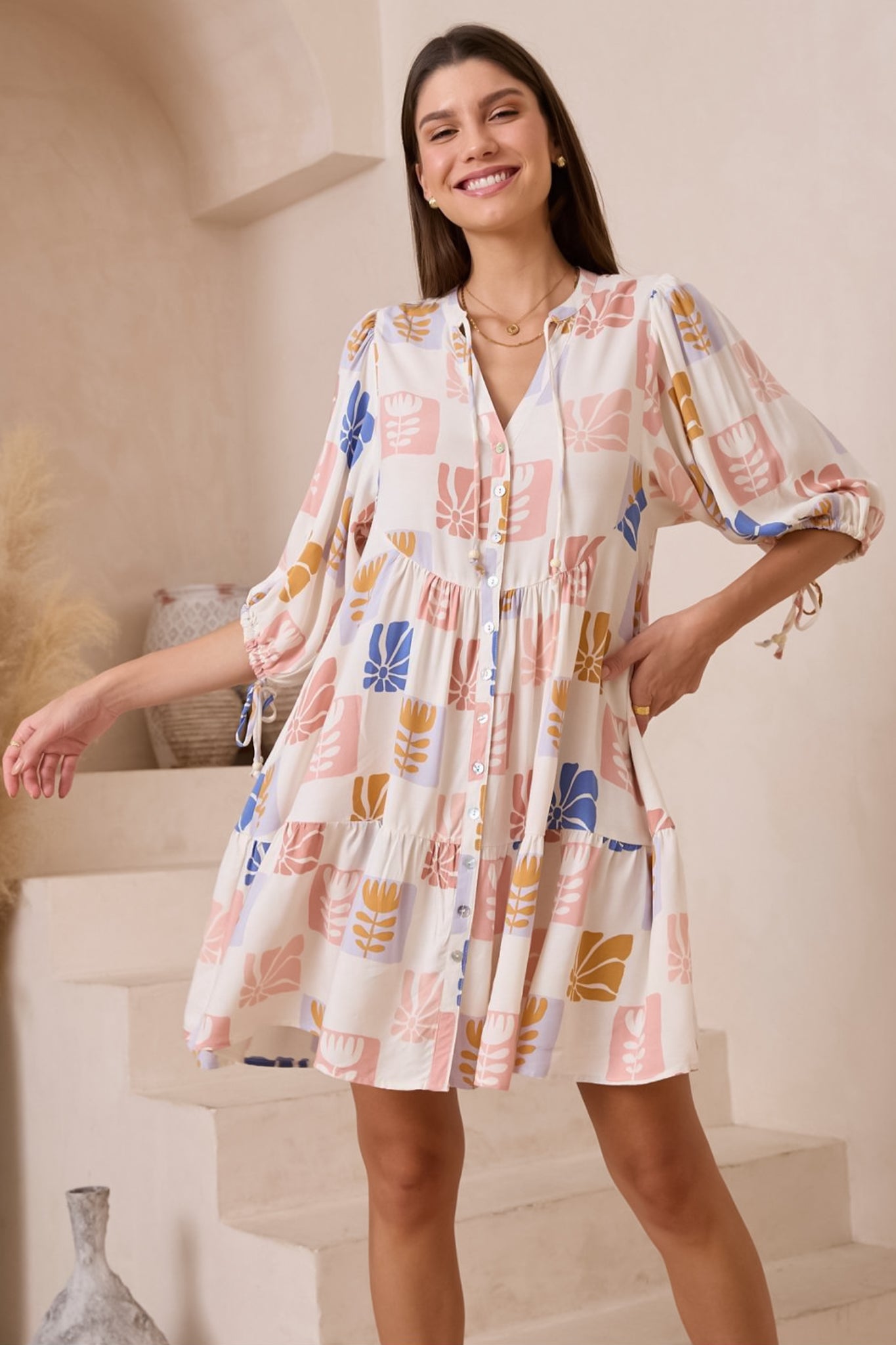 Lea Mini Dress - 3/4 Sleeve Babydolll Dress in Emalee Print