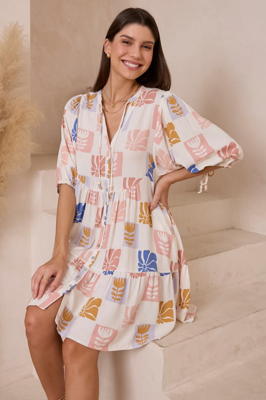 Lea Mini Dress - 3/4 Sleeve Babydolll Dress in Emalee Print