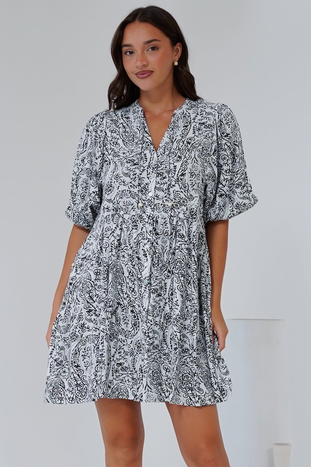 Lea Mini Dress - 3/4 Sleeve Babydoll Dress in Linetti Print