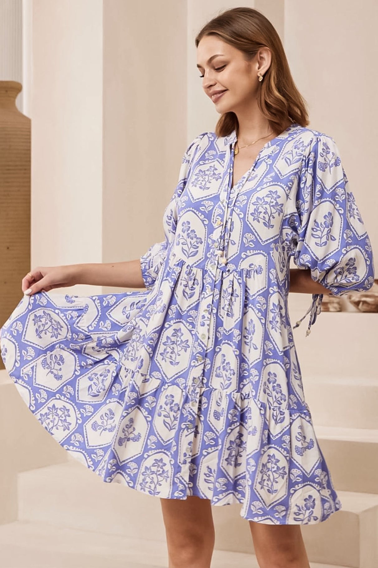 Lea Mini Dress - 3/4 Sleeve Babydolll Dress in Olicia Print