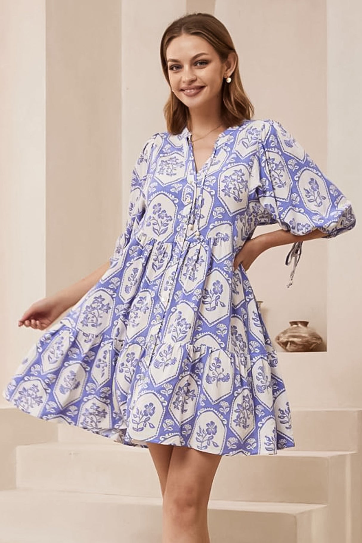 Lea Mini Dress - 3/4 Sleeve Babydolll Dress in Olicia Print