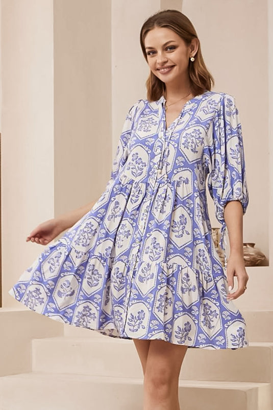 Lea Mini Dress - 3/4 Sleeve Babydolll Dress in Olicia Print