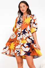 Lea Mini Dress - 3/4 Sleeve Babydoll Dress in Simba Print