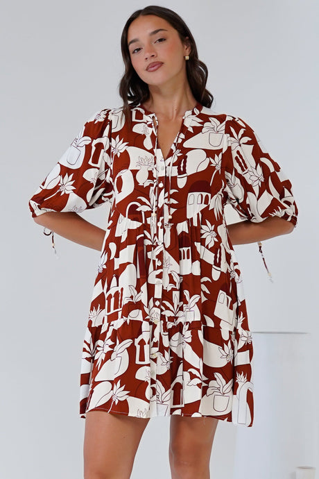 Lea Mini Dress - 3/4 Sleeve Babydoll Dress in Tayla Print