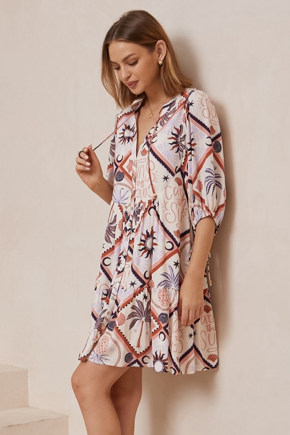 Lea Mini Dress - 3/4 Sleeve Babydolll Dress in Zaidin Print