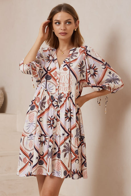 Lea Mini Dress - 3/4 Sleeve Babydolll Dress in Zaidin Print