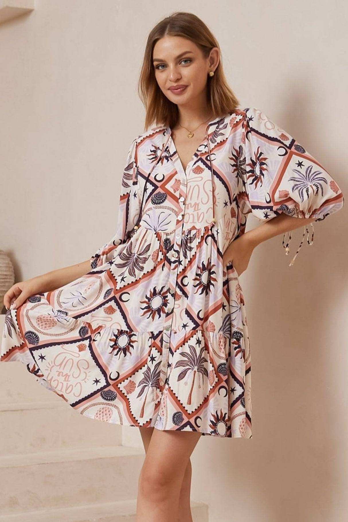 Lea Mini Dress - 3/4 Sleeve Babydolll Dress in Zaidin Print