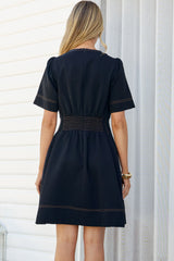 Leanne Mini Dress - V Neck A Line Dress with Pleated Skirt in Dark Denim