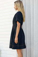 Leanne Mini Dress - V Neck A Line Dress with Pleated Skirt in Dark Denim