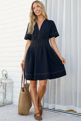 Leanne Mini Dress - V Neck A Line Dress with Pleated Skirt in Dark Denim