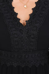 Leelie Mini Dress - Lace Embellished Tiered Dress with Bell Sleeves in Black