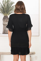 Leelie Mini Dress - Lace Embelished Tiered Dress with Bell Sleeves in Black