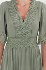 Leelie Mini Dress - Lace Embellished Tiered Dress with Bell Sleeves in Green