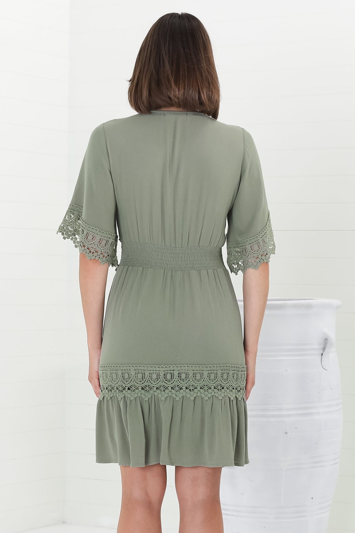 Leelie Mini Dress - Lace Embelished Tiered Dress with Bell Sleeves in Green