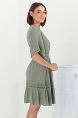 Leelie Mini Dress - Lace Embelished Tiered Dress with Bell Sleeves in Green