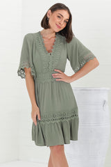 Leelie Mini Dress - Lace Embelished Tiered Dress with Bell Sleeves in Green