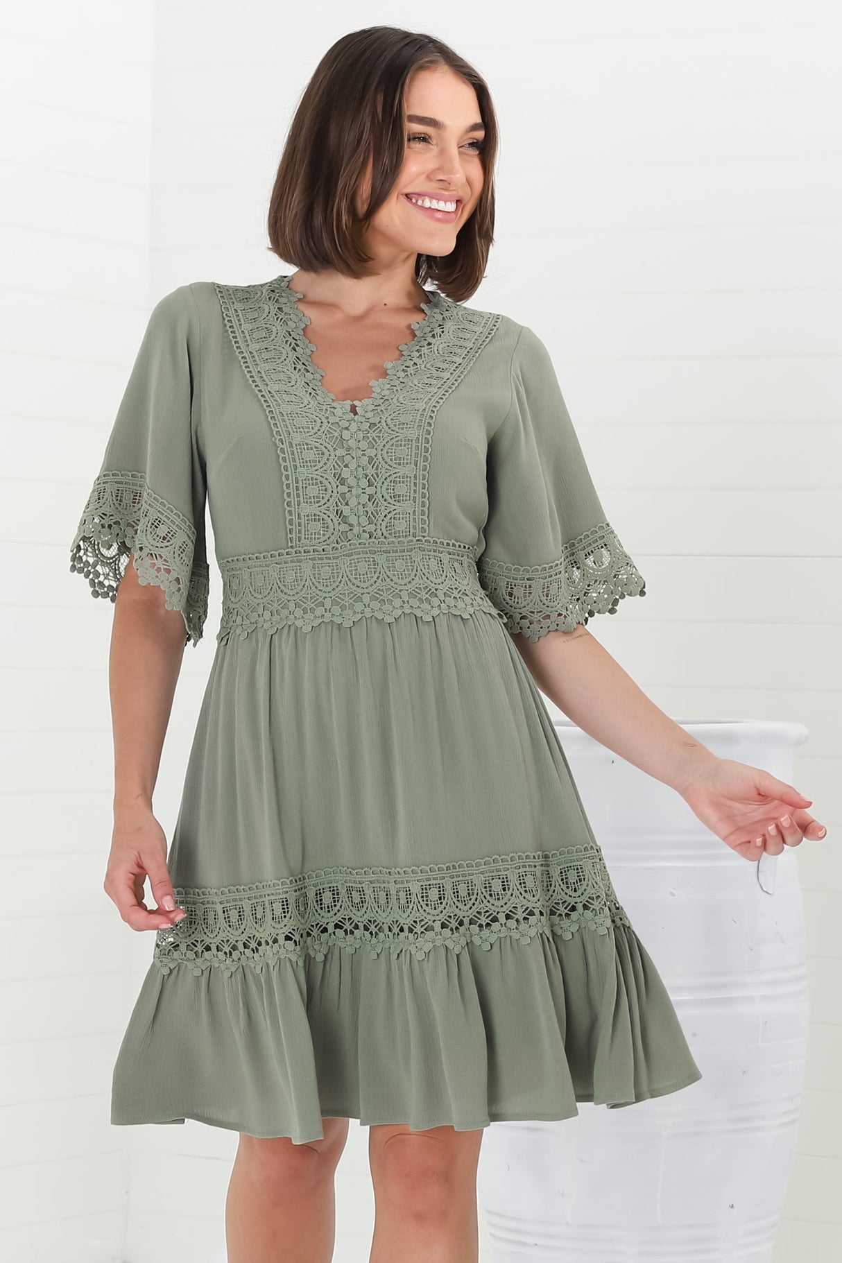 Leelie Mini Dress - Lace Embellished Tiered Dress with Bell Sleeves in Green