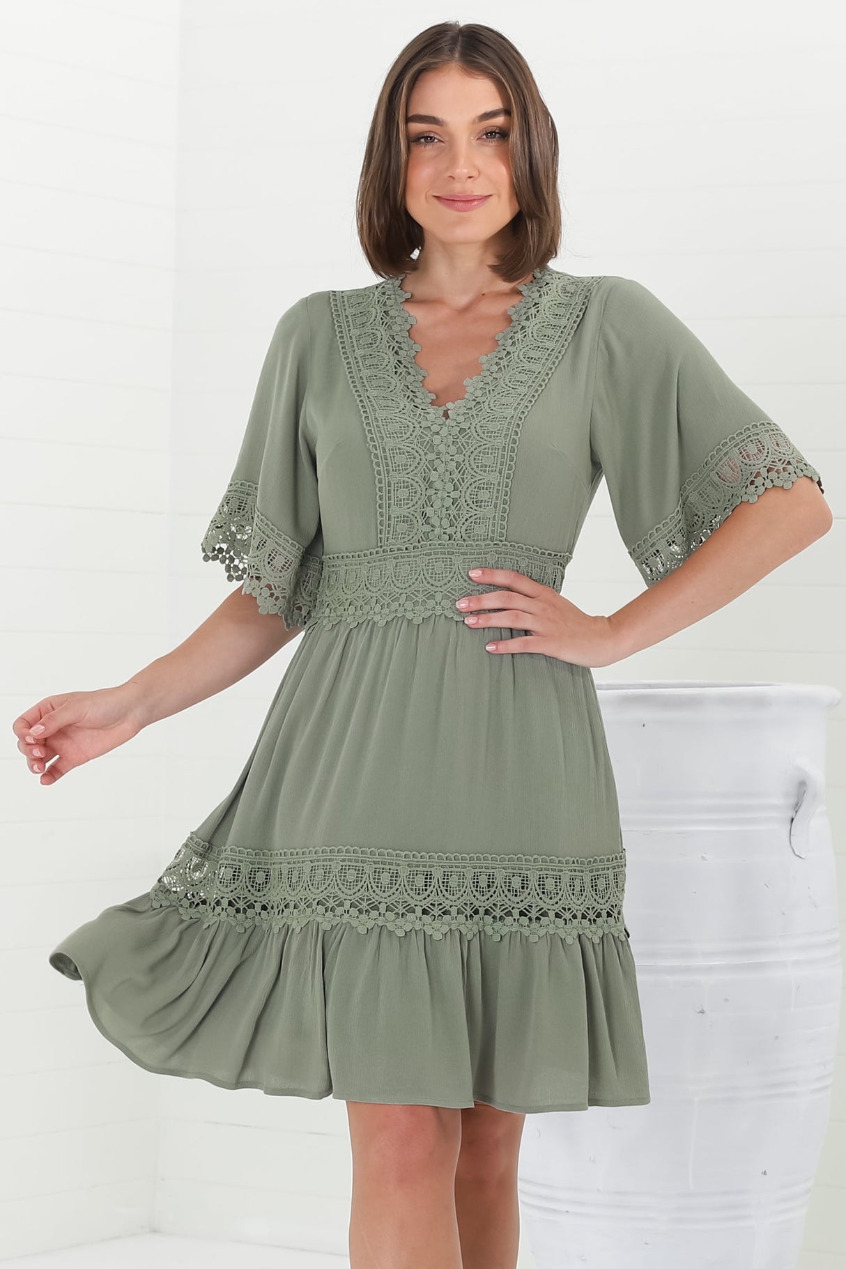 Leelie Mini Dress - Lace Embellished Tiered Dress with Bell Sleeves in Green