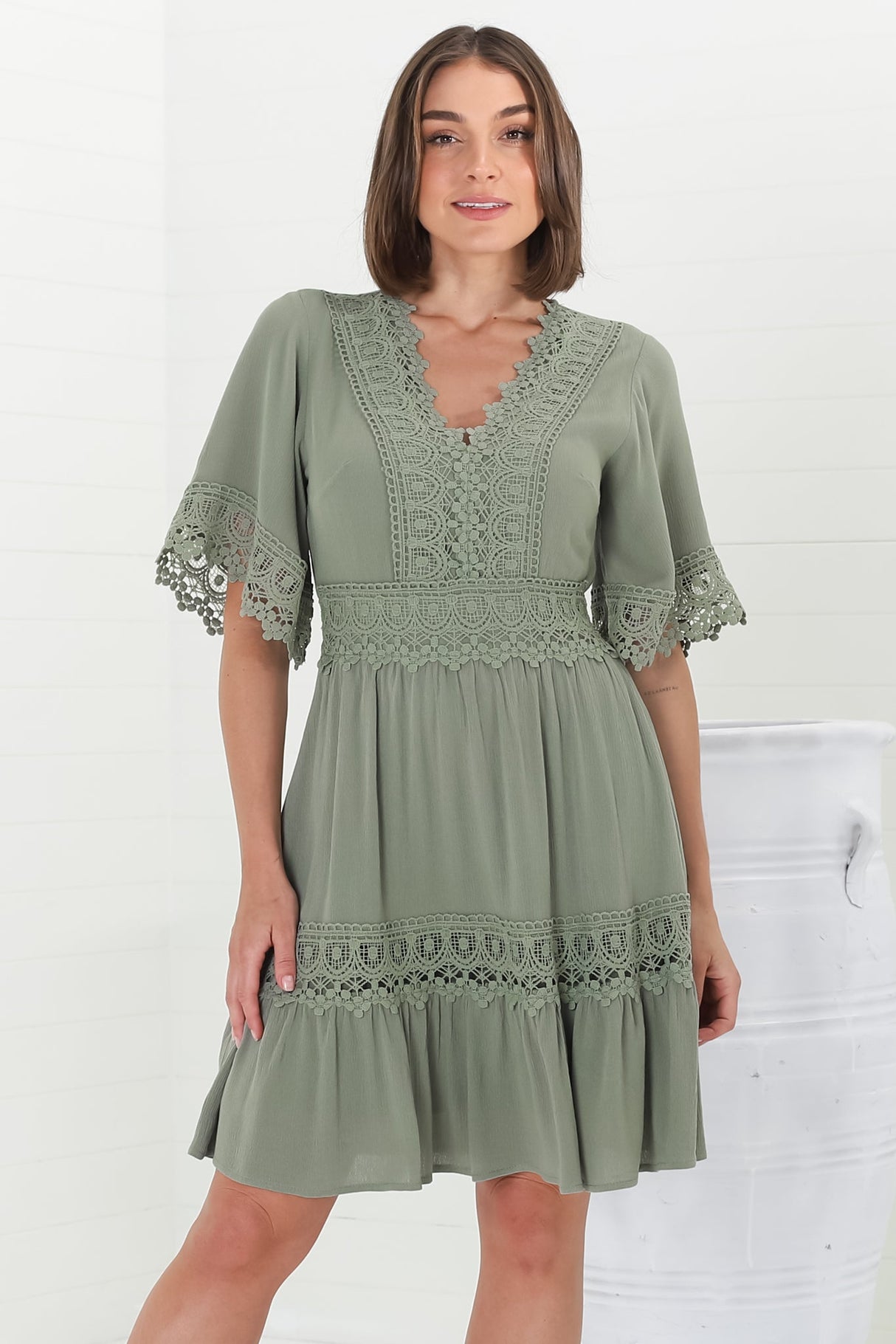 Leelie Mini Dress - Lace Embellished Tiered Dress with Bell Sleeves in Green