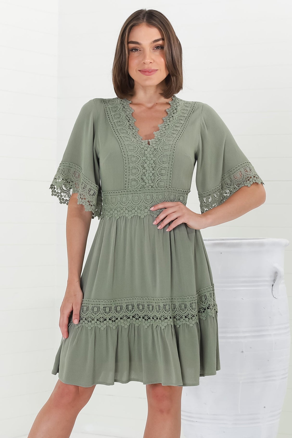 Leelie Mini Dress - Lace Embelished Tiered Dress with Bell Sleeves in Green