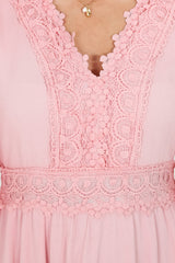 Leelie Mini Dress - Lace Embelished Tiered Dress with Bell Sleeves in Pink