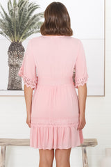 Leelie Mini Dress - Lace Embellished Tiered Dress with Bell Sleeves in Pink