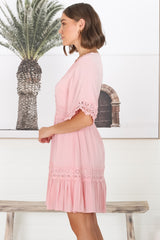 Leelie Mini Dress - Lace Embellished Tiered Dress with Bell Sleeves in Pink