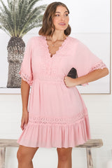 Leelie Mini Dress - Lace Embelished Tiered Dress with Bell Sleeves in Pink