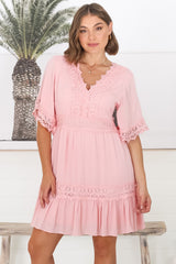 Leelie Mini Dress - Lace Embelished Tiered Dress with Bell Sleeves in Pink